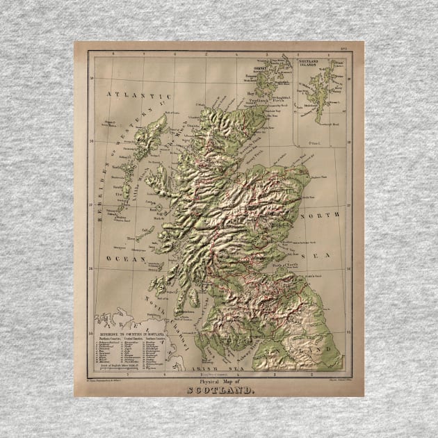 Vintage Physical Map of Scotland (1880) by Bravuramedia